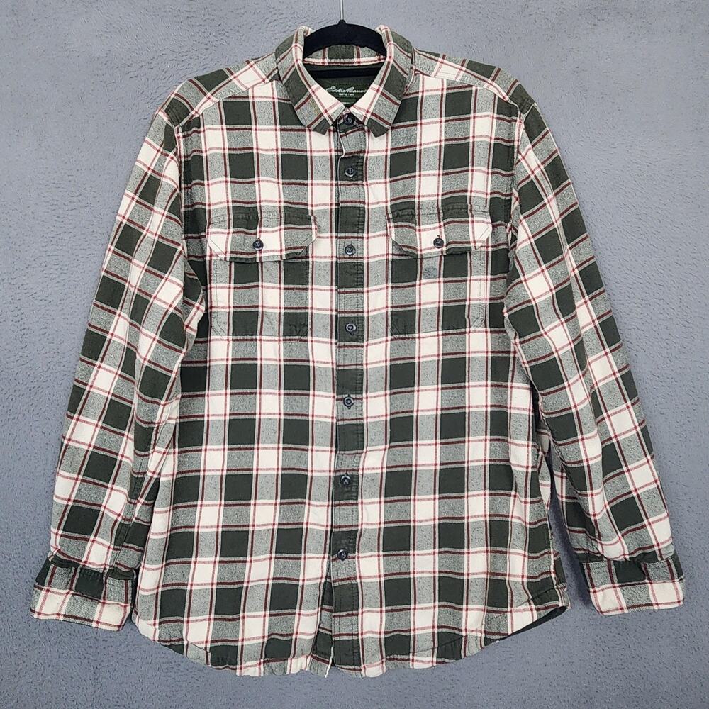 Eddie Bauer Shirt Mens Medium Green Plaid Flannel Fleece Lined Shacket